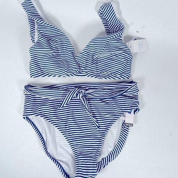Time and Tru High Waisted Striped Bikini Size 12-14 Blue and White - Picture 1 of 5